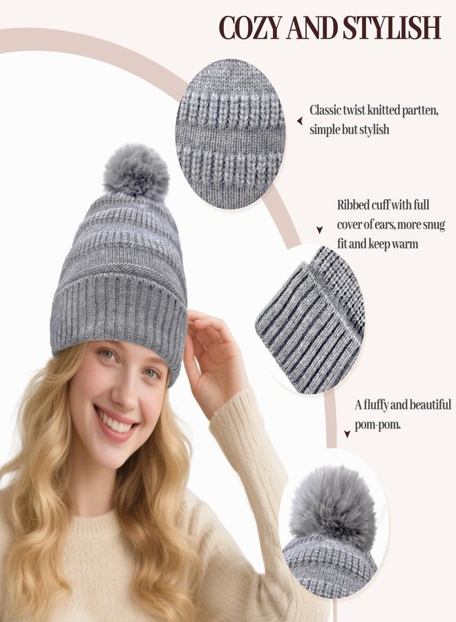 HOPSOOKEN Winter Beanie Hats for Women with Faux Fur Pom Warm Cozy Knit Fleece Thermal Snow Ski Skull Cap for Cold Weather(Grey) - Image 3
